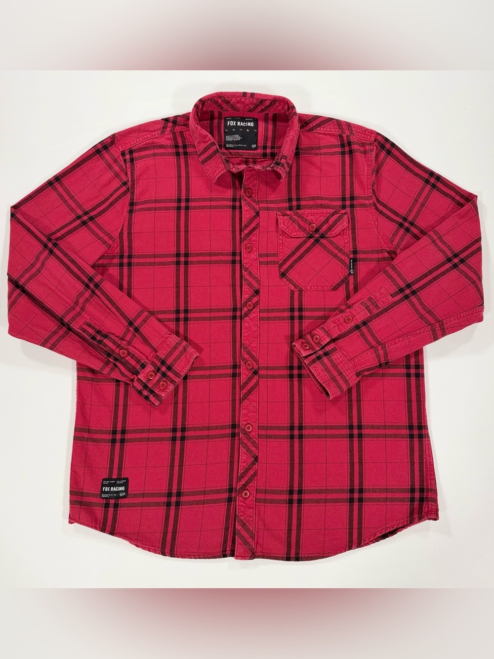 Fox Racing Mens Flannel Shirt XL Red Black Plaid Long Sleeve Button Front Cotton